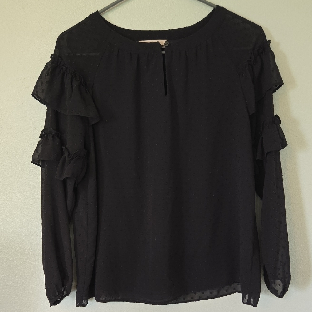 Loft Black Swiss Dot Long Sleeve Top Size XS